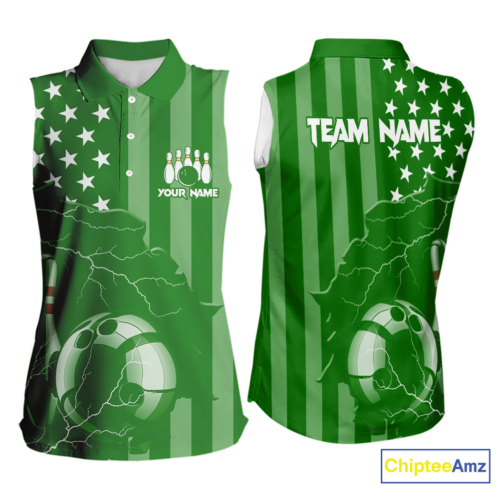 Personalized Green American flag Lightning thunder Custom Bowling Sleeveless Polos Bowling Jersey NQS10487