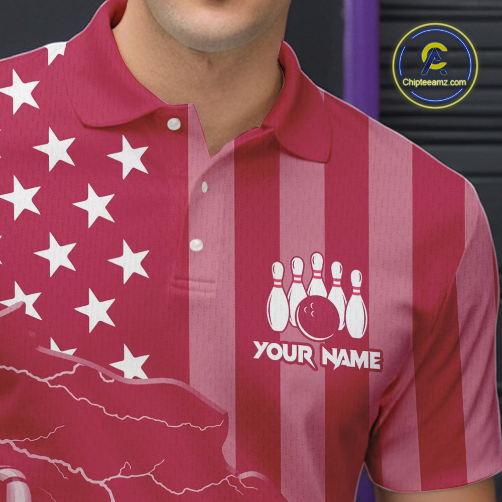 Personalized Pink American flag Lightning thunder Custom Bowling Team Shirts For Mens Bowling Jersey NQS10488