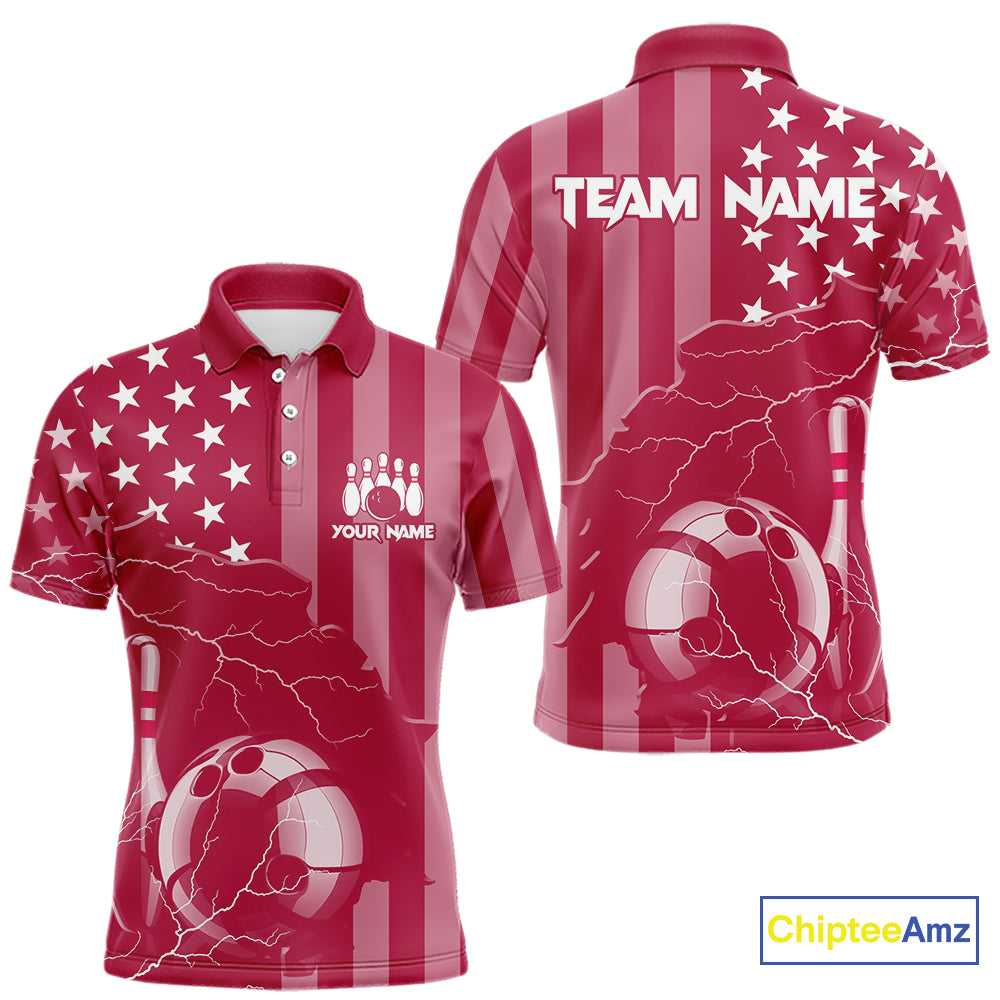 Personalized Pink American flag Lightning thunder Custom Bowling Team Shirts For Mens Bowling Jersey NQS10488