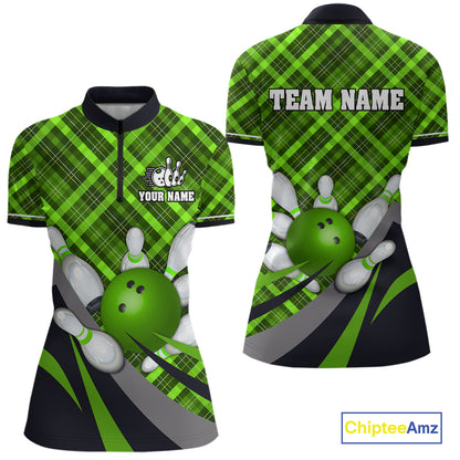 Green Plaid Christmas pattern Bowling shirt For Women Custom Team Bowling Jersey Xmas Gift For Bowler NQS10492