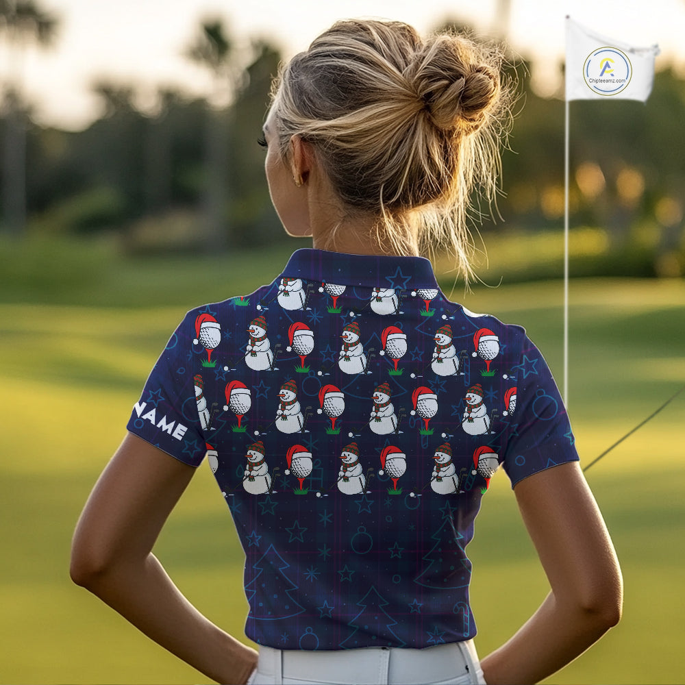 Blue Christmas Plaid pattern snowman Golf Polo Shirts For Women custom Christmas ladies golf attire NQS10902