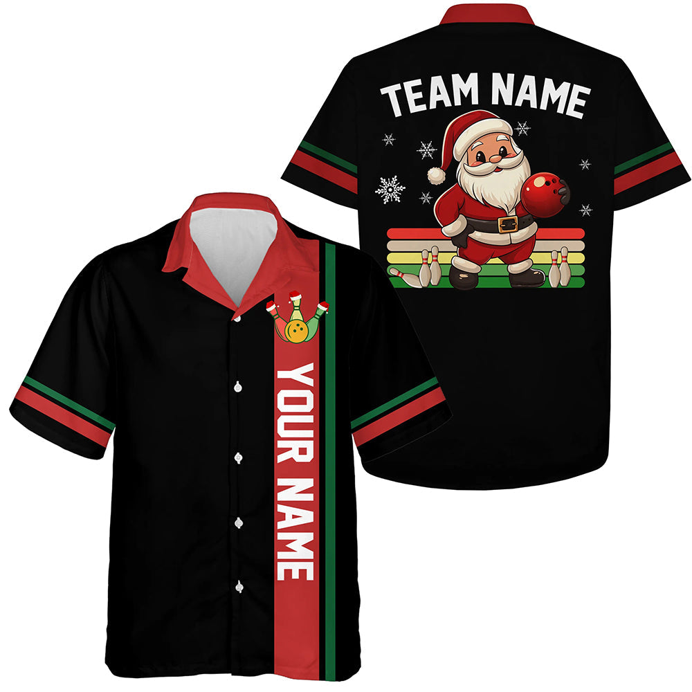 Retro Christmas Santa Bowling Hawaiian Shirt Custom Xmas Team Bowling button up shirts | Black NQS8986