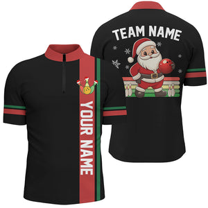 Retro Christmas Santa Bowling Polo, 1/4 zip shirts For Men Custom Xmas Team Bowling Jerseys | Black NQS8986