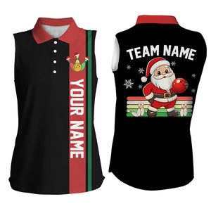 Retro Christmas Santa Bowling Sleeveless Polo shirt Custom Xmas Team Bowling Jerseys | Black NQS8986