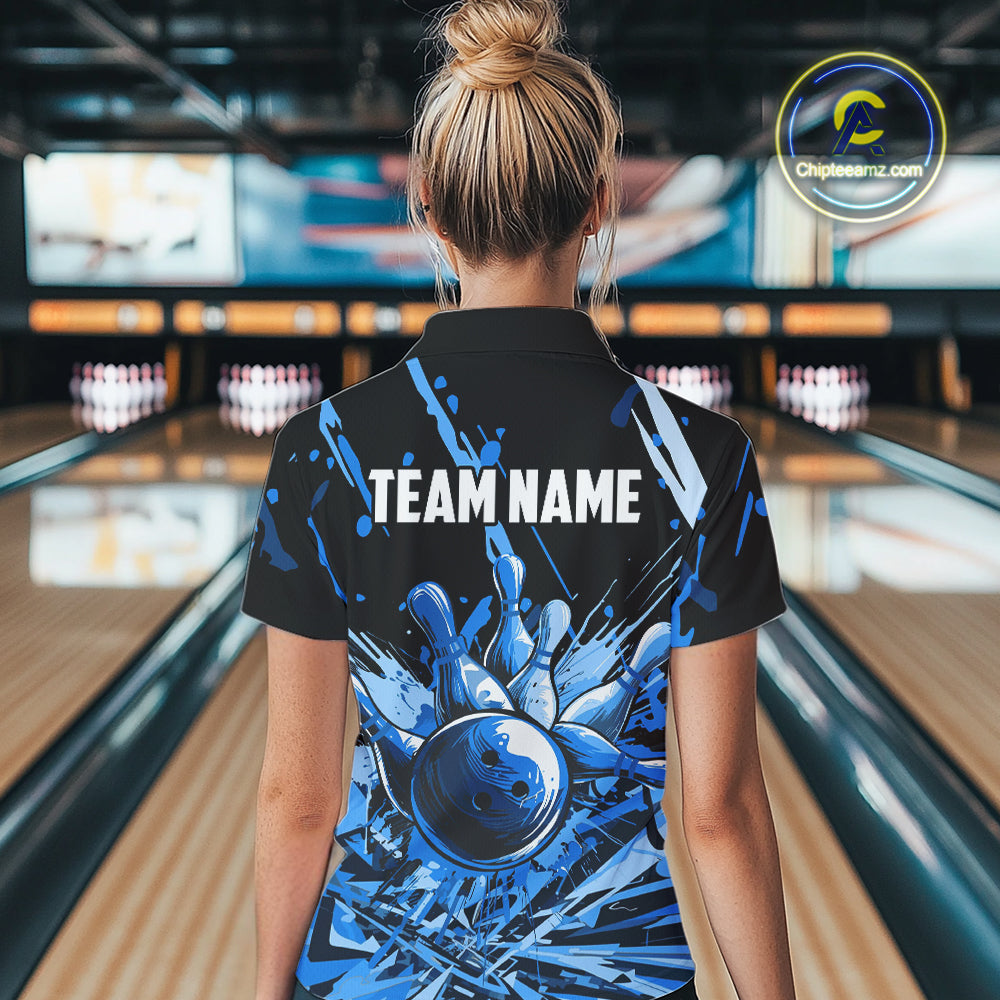 Blue bowling jerseys Bowling Polo, 1/4 Zip Shirt for Women Custom Bowling Team shirts for bowlers NQS11083