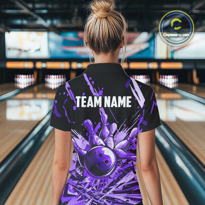 Purple bowling jerseys Bowling Polo, 1/4 Zip Shirt for Women Custom Bowling Team shirts for bowlers NQS11085