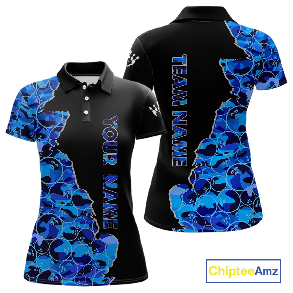Black & Blue Camo Team Bowling Shirts For Women Custom bowling shirts with name, Team Bowling Jerseys NQS11508