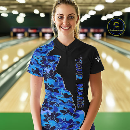 Black & Blue Camo Team Bowling Shirts For Women Custom bowling shirts with name, Team Bowling Jerseys NQS11508