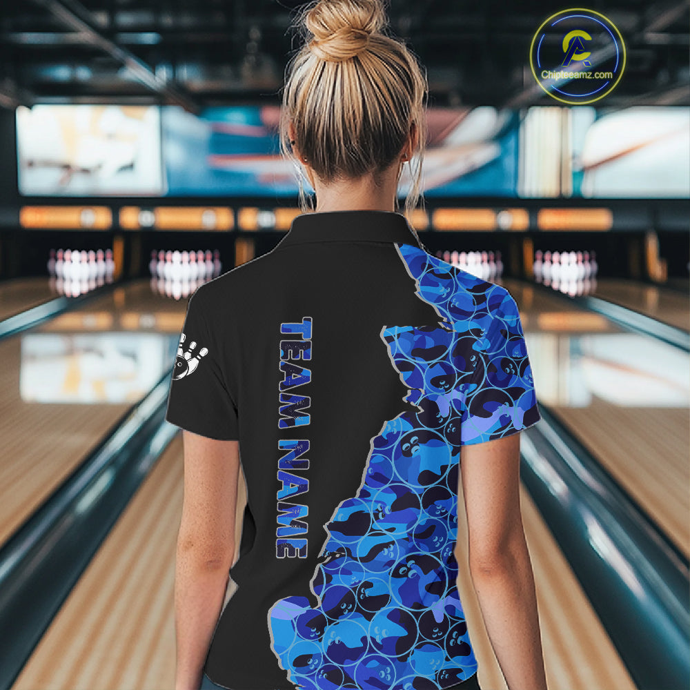 Black & Blue Camo Team Bowling Shirts For Women Custom bowling shirts with name, Team Bowling Jerseys NQS11508