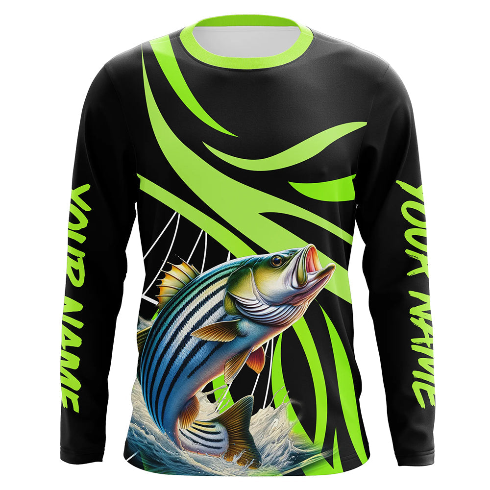 Personalized Striped Bass Long Sleeve Fishing Shirts, Striper Tournament Fishing Jerseys | Green NQS7499