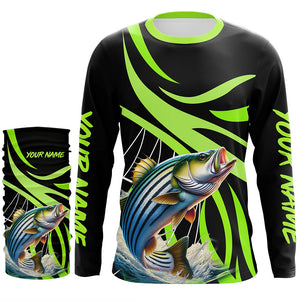 Personalized Striped Bass Long Sleeve Fishing Shirts, Striper Tournament Fishing Jerseys | Green NQS7499