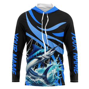 Personalized Blue Marlin Long Sleeve Fishing Shirts, Marlin Tournament Fishing Jerseys | Blue NQS7500