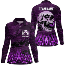 Load image into Gallery viewer, Bowling polo, quarter zip shirts for women Custom Purple camo Flame Skull Bowling Team League Jerseys NQS7654