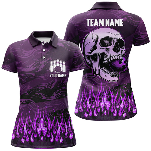 Bowling polo, quarter zip shirts for women Custom Purple camo Flame Skull Bowling Team League Jerseys NQS7654