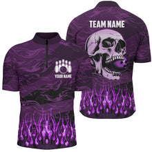 Load image into Gallery viewer, Bowling polo, quarter zip shirts for men Custom Purple camo Flame Skull Bowling Team League Jerseys NQS7654