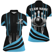 Load image into Gallery viewer, Black Women Bowling polo, quarter zip shirt Custom Bowling Team League Jerseys, gift for Bowler | Blue NQS7660