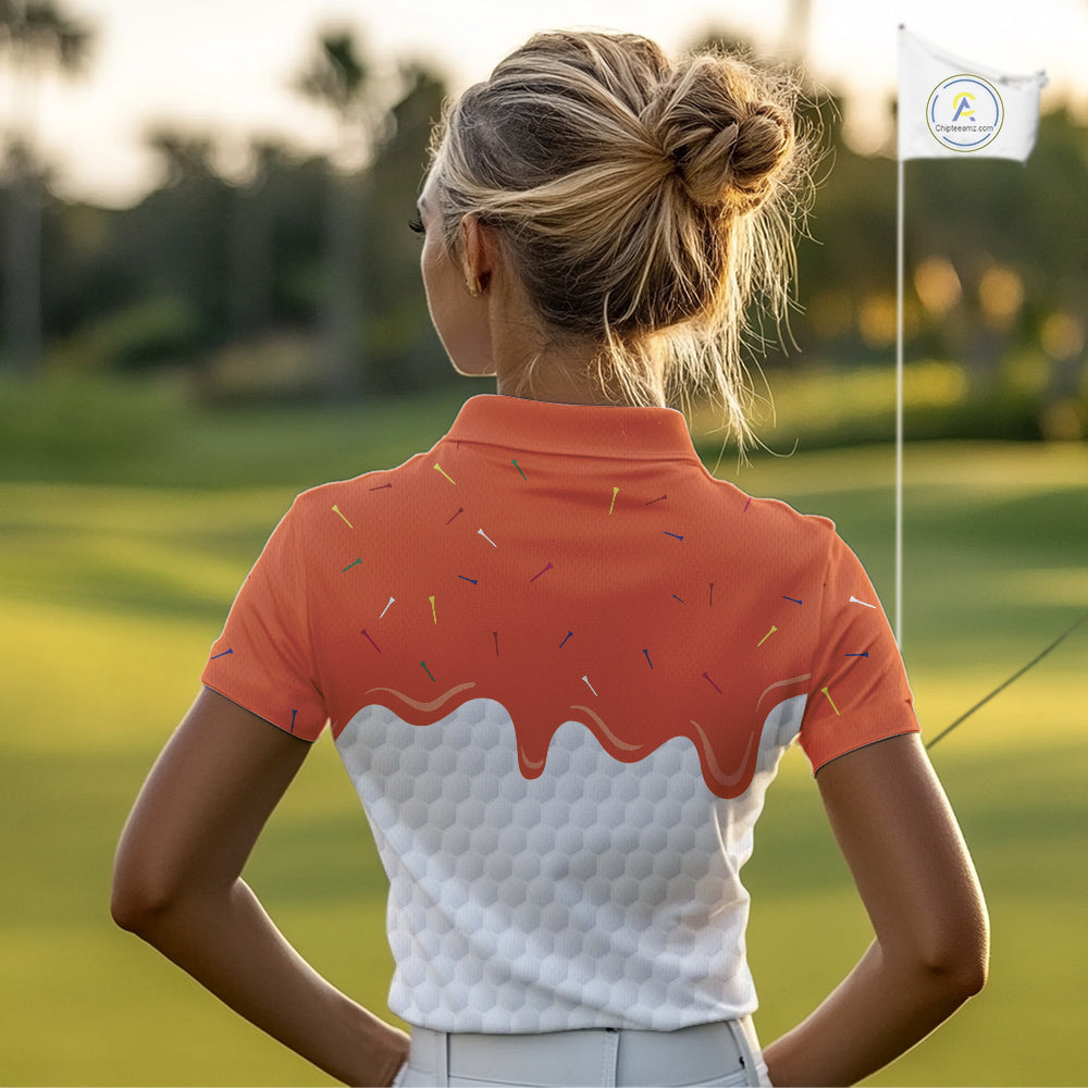 Womens golf polo shirts custom orange Ice Cream Melting On Golf Ball, golf gifts for ladies NQS9989