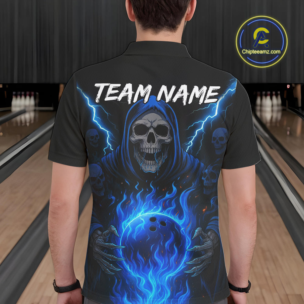 Blue Flame Lightning Thunder Skull Reaper Bowling Shirts for Men Custom Bowling Team League Jersey NQS10908