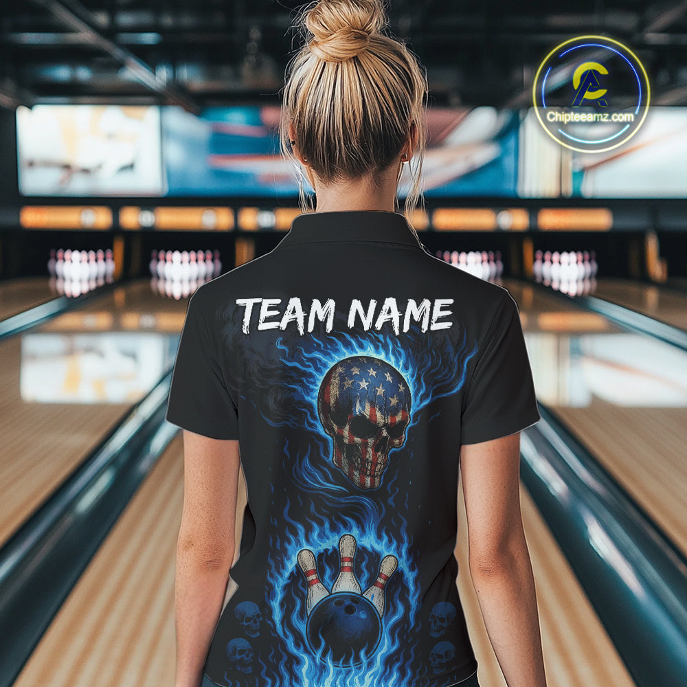 Custom Black and Blue Flame American Flag Skull Bowling Shirts for Women, Bowling Team League Jersey NQS10913