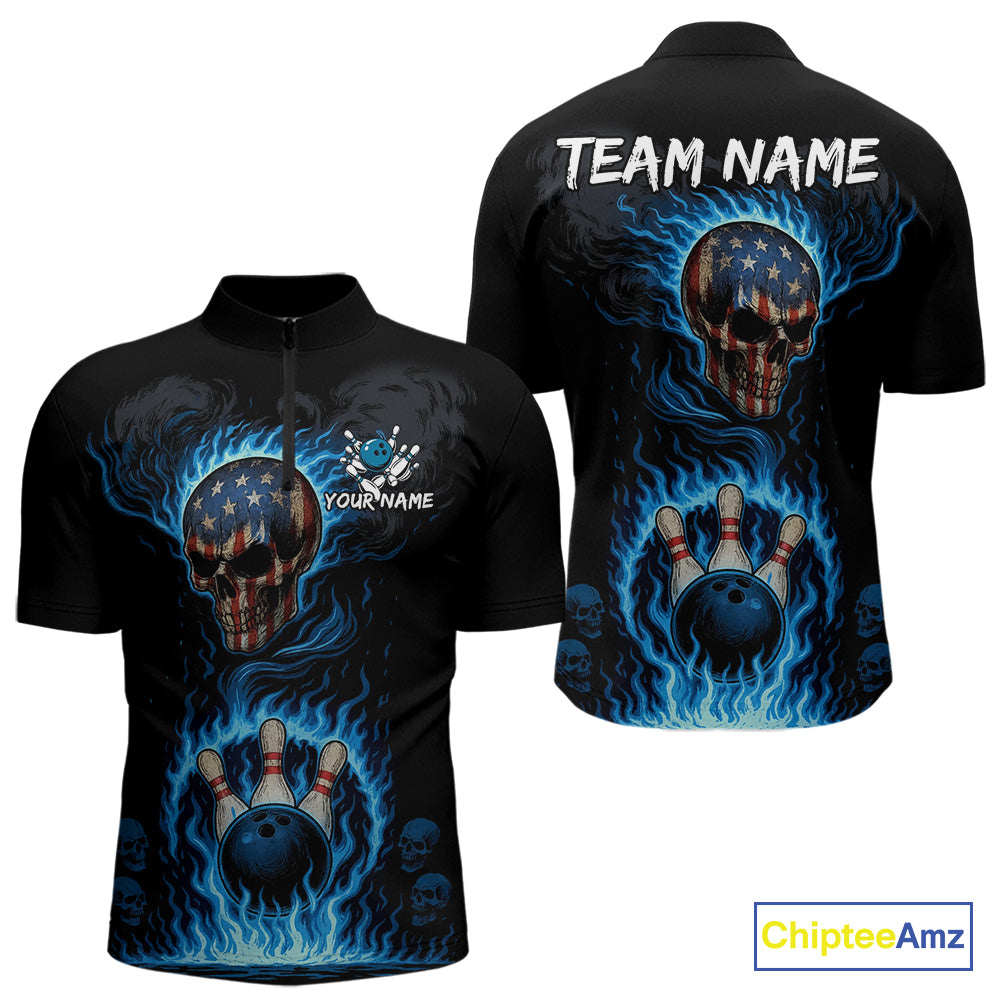 Custom Black and Blue Flame American Flag Skull Bowling Shirts for Men, Bowling Team League Jersey NQS10913