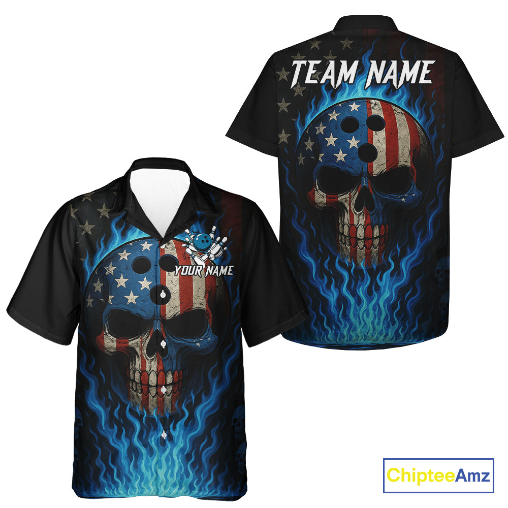 Personalized Blue Flame American Flag Skull Bowling Hawaiian Shirt, Patriotic Team Bowling Shirt NQS10914