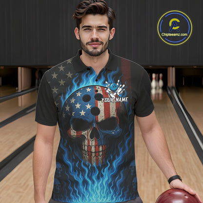 Personalized Blue Flame American Flag Skull Patriotic Bowling Polo, Quarter Zip Shirts for Men NQS10914
