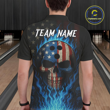 Personalized Blue Flame American Flag Skull Patriotic Bowling Polo, Quarter Zip Shirts for Men NQS10914