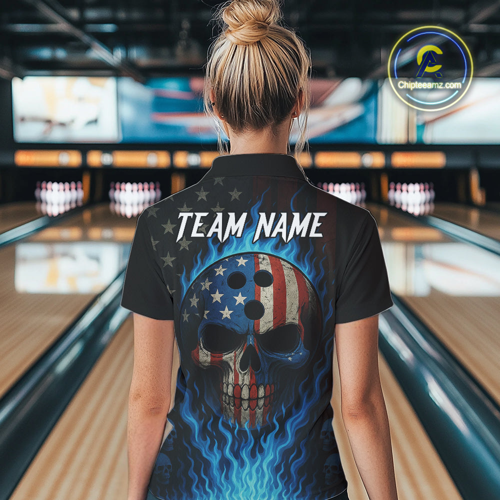 Personalized Blue Flame American Flag Skull Patriotic Bowling Polo, Quarter Zip Shirts for Women NQS10914