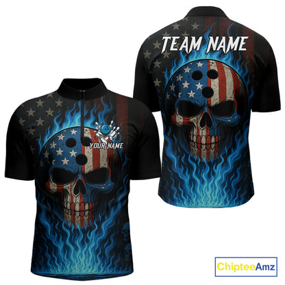 Personalized Blue Flame American Flag Skull Patriotic Bowling Polo, Quarter Zip Shirts for Men NQS10914