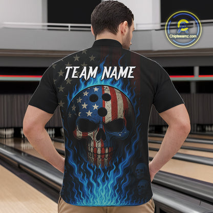 Personalized Blue Flame American Flag Skull Patriotic Bowling Polo, Quarter Zip Shirts for Men NQS10914