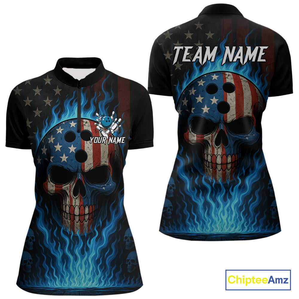 Personalized Blue Flame American Flag Skull Patriotic Bowling Polo, Quarter Zip Shirts for Women NQS10914