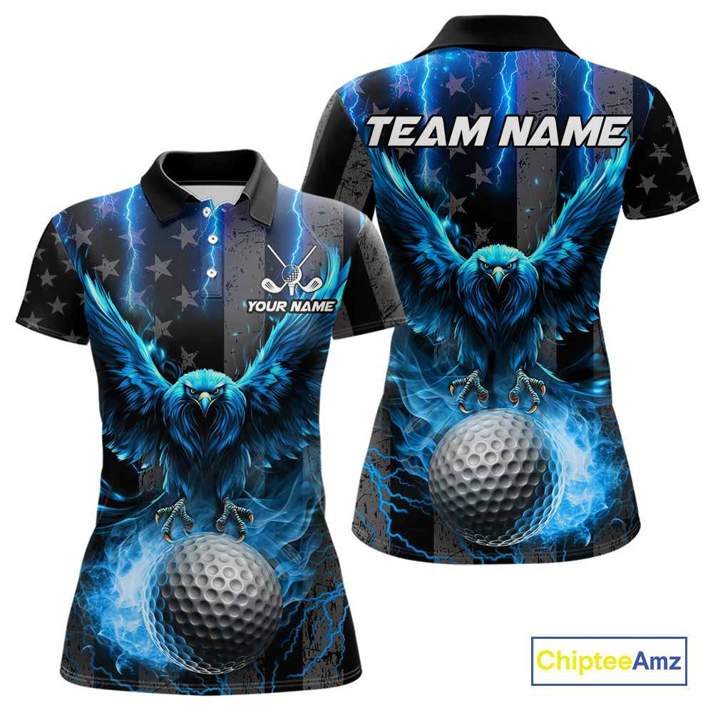 Black American flag Women golf polo shirt Custom blue lightning thunder Eagle patriotic team Golf top NQS11093