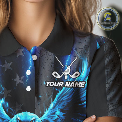 Black American flag Women golf polo shirt Custom blue lightning thunder Eagle patriotic team Golf top NQS11093