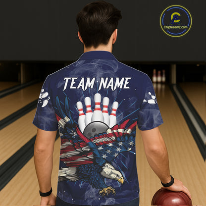 Blue Smoke American Flag Eagle Bowling Hawaiian Shirts Custom patriotic Bowling Team Jersey NQS11288