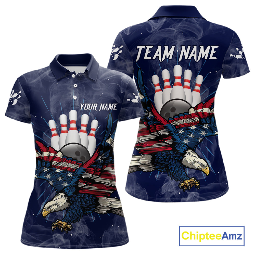 Blue Smoke American Flag Eagle Bowling Shirts For Women Custom patriotic Bowling Team Jersey NQS11288