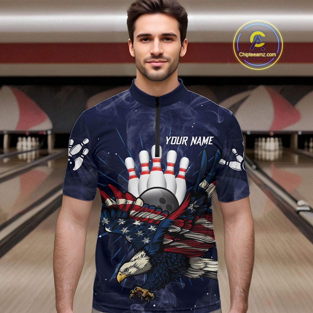 Blue Smoke American Flag Eagle Bowling Shirts For Men Custom patriotic Bowling Team Jersey NQS11288