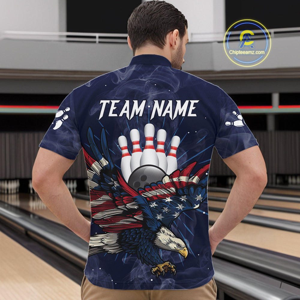 Blue Smoke American Flag Eagle Bowling Shirts For Men Custom patriotic Bowling Team Jersey NQS11288