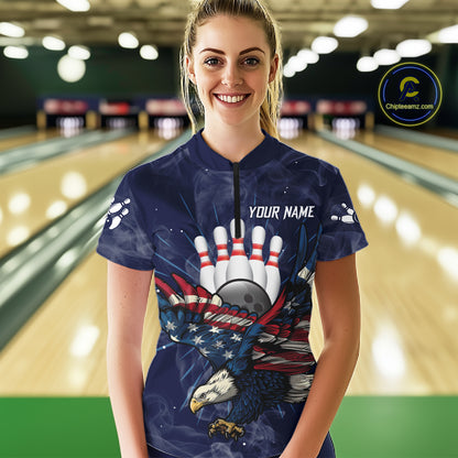 Blue Smoke American Flag Eagle Bowling Shirts For Women Custom patriotic Bowling Team Jersey NQS11288