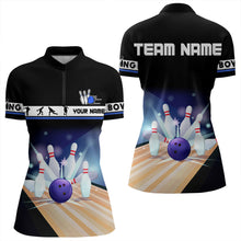 Load image into Gallery viewer, Black and Blue Bowling Polo, Quarter Zip shirts For Women custom bowling team jersey, Gift for Bowlers NQS9415