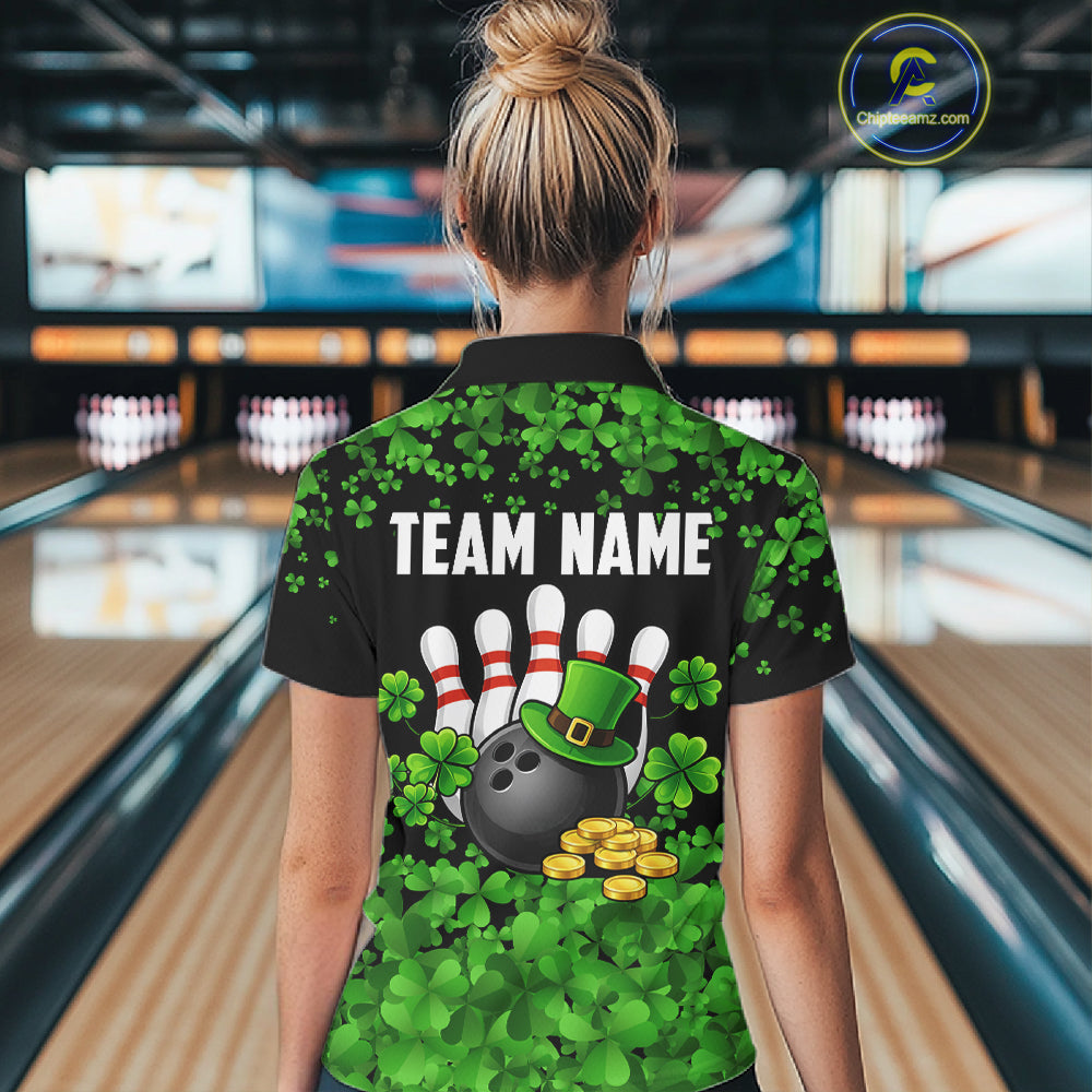 Custom Green clover pattern Bowling shirts for Women, St Patrick's Day bowling apparel, bowling gifts NQS11512