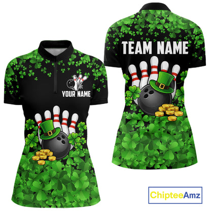 Custom Green clover pattern Bowling shirts for Women, St Patrick's Day bowling apparel, bowling gifts NQS11512