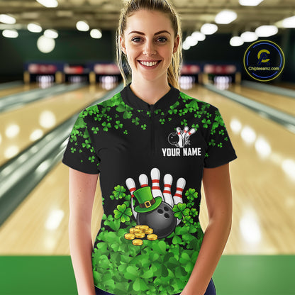 Custom Green clover pattern Bowling shirts for Women, St Patrick's Day bowling apparel, bowling gifts NQS11512