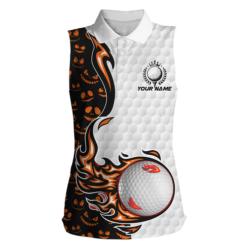 Halloween pattern orange golf ball Women sleeveless polo shirts custom halloween gifts for golfer NQS8091