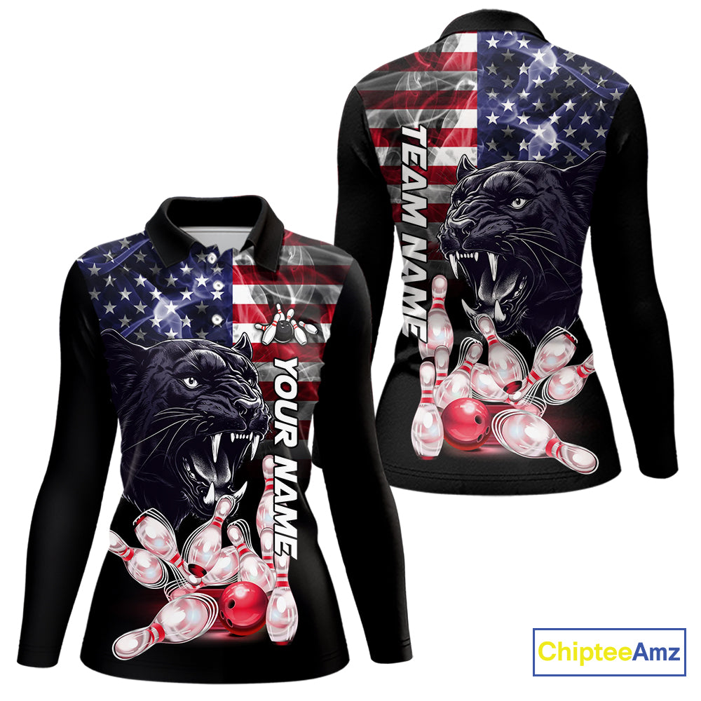 American Flag Panther Bowling Polo, Quarter Zip Shirts for Women Custom patriotic Team Bowling jerseys NQS10289