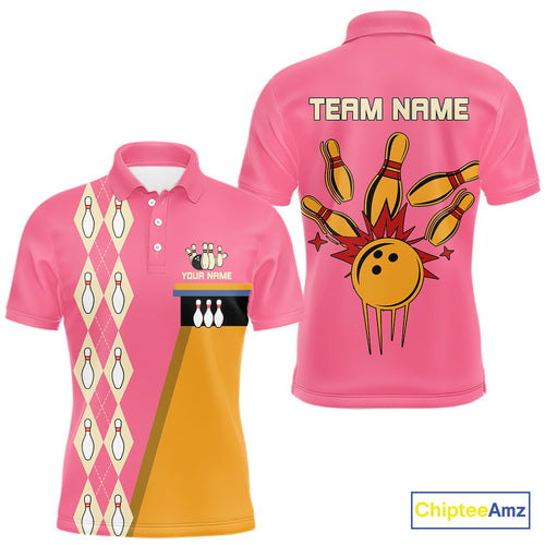 Pink and Yellow Retro Bowling Polo, Quarter Zip shirt for Men Custom vintage team bowling jersey NQS10708