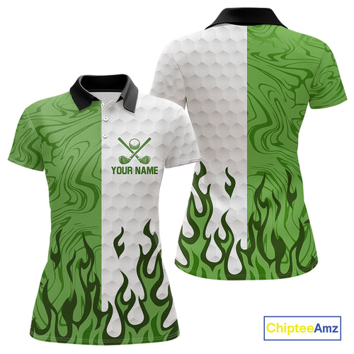 White and Green Camo Flame Women Golf Polo Shirt Custom golf attire for ladies personalized golf gift NQS10710