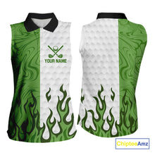 Load image into Gallery viewer, White and Green Camo Flame Women Sleeveless Golf Polo Shirt Custom golf attire for ladies golf gift NQS10710
