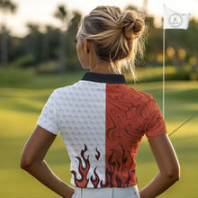 Load image into Gallery viewer, White &amp; Orange Camo Flame Women Golf Polo Shirt Custom golf attire for ladies personalized golf gift NQS10711