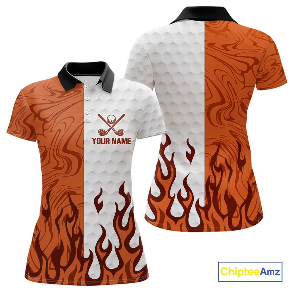 White & Orange Camo Flame Women Golf Polo Shirt Custom golf attire for ladies personalized golf gift NQS10711