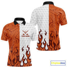 Load image into Gallery viewer, White and Orange Camo Flame Mens Golf Polo Shirt Custom golf attire for men, personalized golf gifts NQS10711